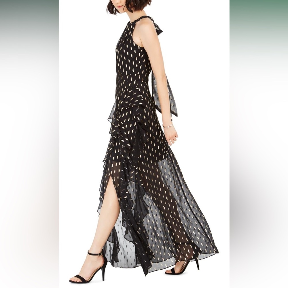 Betsy & Adam Metallic Chiffon Front Ruffle Slit Halter Neck Sleeveless Gown - Picture 16 of 17